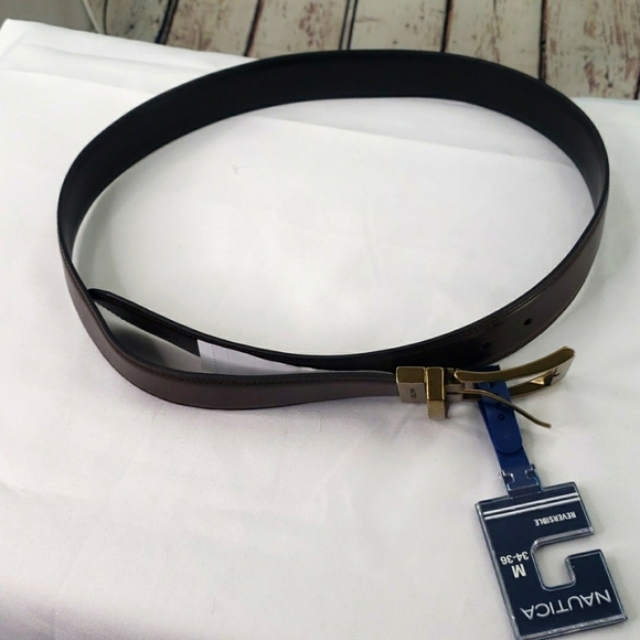 Nautica Gold Buckle Reversible Black Brown Belt - Picture 1 of 5